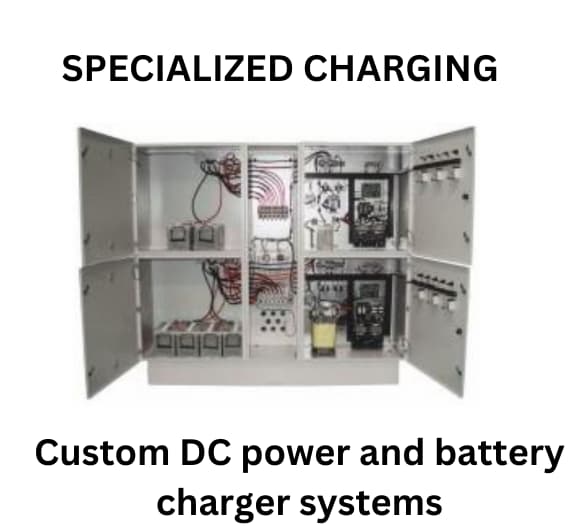  A box displaying Custom DC Power and Battery Charger Systems, representing specialized power solutions for various needs